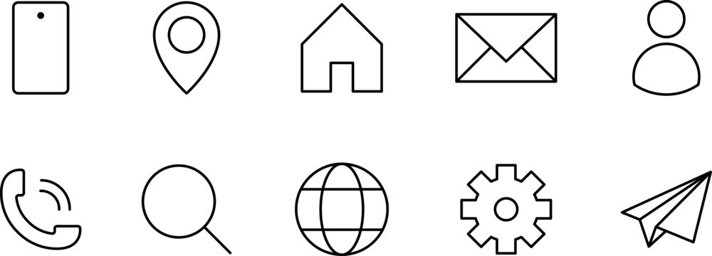 Business Card Contact Information Icon Collection. Contact information icons set name, location, phone, home, map pin, email and web address. PNG or vector