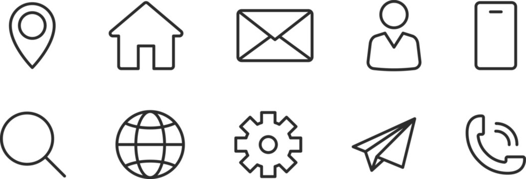 Business Card Contact Information Icon Collection. Contact information icons set name, location, phone, home, map pin, email and web address. PNG or vector