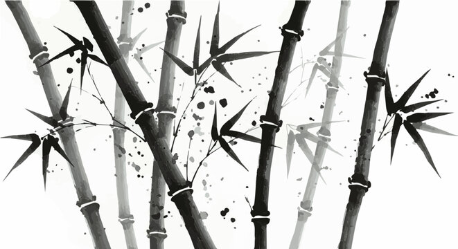 Elegant bamboo stalks and leaves in a traditional sumi-e ink painting style