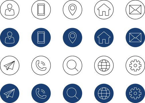 Business Card Contact Information Icon Collection. Contact information icons set name, location, phone, home, map pin, email and web address. PNG or vector