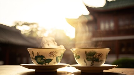 Floating lotus in delicate teacups set in ancestral courtyard, illuminated by golden light of Qixi evening