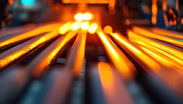 Hot metal rods on a conveyor, glowing orange-red