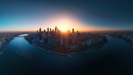 Naklejka premium Panoramic city sunrise over water