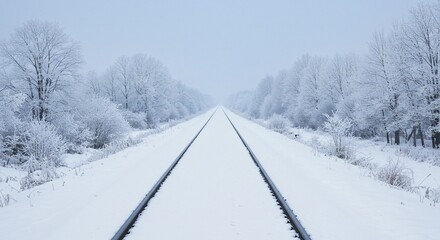 Obraz premium Snow-covered train tracks lead to the horizon, flanked by frosted trees in a serene winter scene under a soft, diffused light.