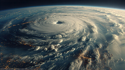 large hurricane viewed from space, with a well-defined eye at the center. The storm is located over a densely populated area with visible city lights. The surrounding ocean and landmasses
