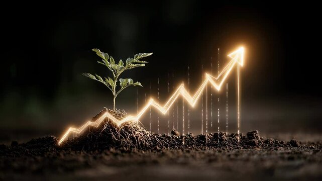 A flourishing small plant illuminated by the glow of a light bulb extends its roots deep into the earth seamlessly merging with a rising financial chart that is depicted with bold lines