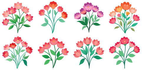 Colorful floral bouquet collection with various blooming flowers green leaves vector illustrations