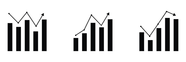 Business graphs and charts icons. Statistics and analytics vector icon. Statistic and data, charts diagrams, money, down or up arrow. Vector illustration in eps 10 . 