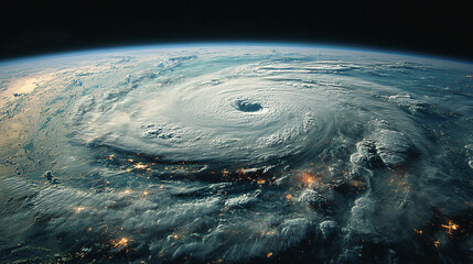 large hurricane viewed from space, with a well-defined eye at the center. The storm is located over a densely populated area with visible city lights. The surrounding ocean and landmasses