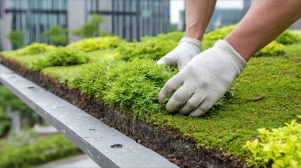 Roof covered with green grass and plants, eco house construction, workers in white gloves tending plants