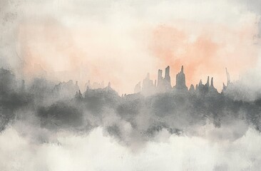 Misty mountain range silhouettes, soft watercolor hues