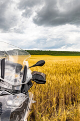 Motorcycle on a trip, front part, front part view.