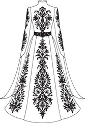 Elegant white gown with intricate black floral embroidery and a decorative belt