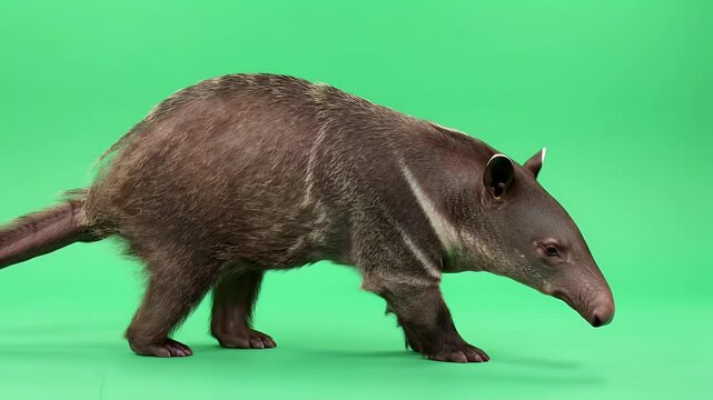 South American Tapir (Tapirus terrestris) Walking in Studio on Vibrant Green Background, Full Body Side View