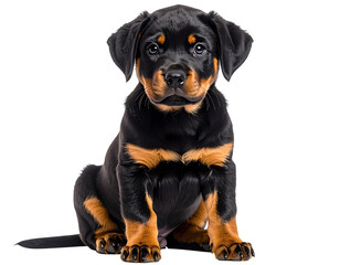 Fototapeta premium Sitting Rottweiler Puppy with Curious Expression, isolated on a transparent background.