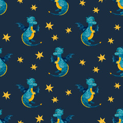 Cute dragons and yellow seamless pattern illustration for children. Watercolor animals drawing on dark blue background. Perfect for nursery posters, fabric, wallpapers.