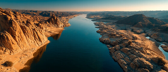 Aerial view of calm river flowing between rocky desert cliffs under clear sky, evoking peaceful and vast natural beauty