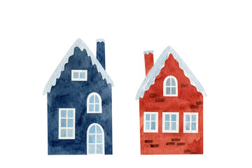 Watercolor illustration with winter house set isolated on the white background. Hand painted watercolor clipart.