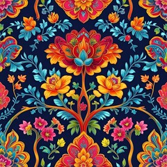 A seamless floral pattern with vintage flowers and leaves creates an ornate nature illustration, perfect for textile design or spring wallpaper decor