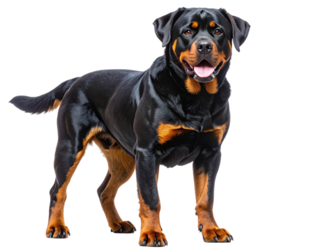  Strong Adult Rottweiler Standing in Guard Position, Front View, isolated on a transparent background.