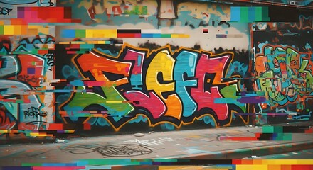 Fototapeta premium Colorful graffiti art on a wall with abstract pixelation effects, creating a vibrant and distorted urban scene.