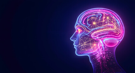 Obraz premium Hyperrealistic digital profile of human head with glowing brain network – vibrant neon neural pathways in pink and purple, scientific 3D illustration for mental health, neuroscience, or AI visuals