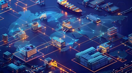 Global logistics network depicted on a digital map, representing supply chain management and worldwide shipping.