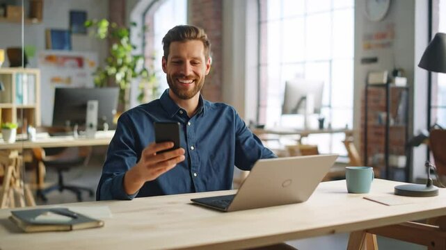 Young man working in a modern office using a smartphone and a laptop with a happy expression