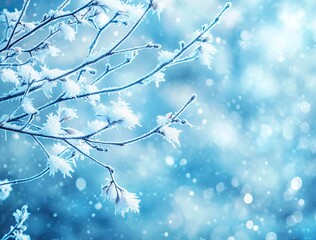 Frozen branches in a winter wonderland.  Snowy, icy branches of a tree against a soft-focus, light-blue background of snow and bokeh