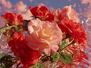 vibrant red roses, some with water droplets on them, floating in a body of water. The sky in the background is filled with fluffy, white clouds, creating a peaceful and picturesque atmosphere.
