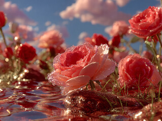 vibrant red roses, some with water droplets on them, floating in a body of water. The sky in the background is filled with fluffy, white clouds, creating a peaceful and picturesque atmosphere.
