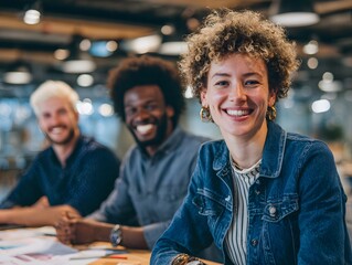 Fototapeta premium Three people smile at table in office.