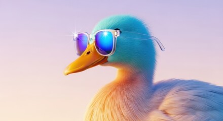 A whimsical teal duck sports stylish sunglasses, creating a fun and vibrant avian portrait with a touch of humor and summer vibes, perfect for lighthearted designs.