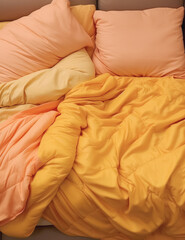 Orange Pillows And Duvets In Messy Bed; AI Generated
