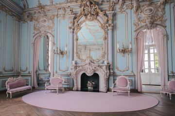 rococo room pink furniture baroque decoration mirror interior, AI generated