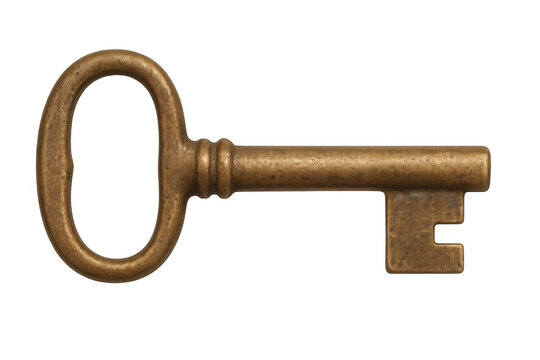 Antique brass skeleton key with an oval bow and intricate bit, displayed on a transparent background for versatile design use