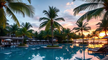 Fototapeta premium A tropical resort poolside with empty loungers and sunset reflections, creating a romantic escape.