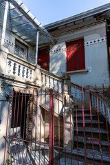 Detail of  facade of antique  house on historic center  of  Cambuy city, Minas Gerais state, Brazil