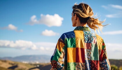 Woman gazing at landscape, patchwork shirt