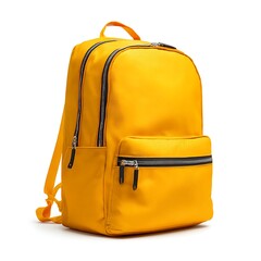 Bright yellow school backpack with zippers placed on clean white background. Perfect for back-to-school ads, student gear visuals, and classroom designs.