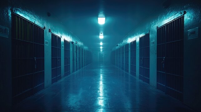 A long corridor lined with barred cells in a dimly lit prison.