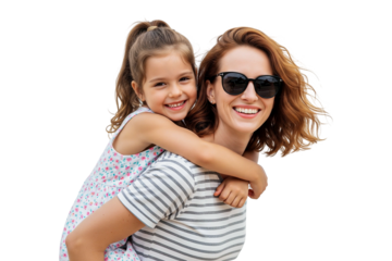 Smiling beautiful woman and her daughter isolated on white