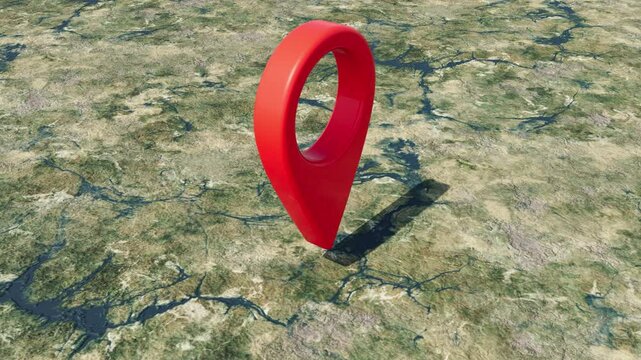 Red sign geolocation sign on the land map rotate endless 4k