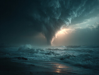 dramatic and intense storm over a body of water, with dark, turbulent waves crashing onto the shore and a massive, swirling cloud formation dominating the sky. 