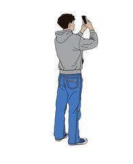 Back view of a guy taking a photo with his phone