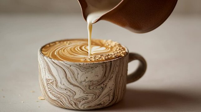 A slow pour of oat milk into a ceramic cup of coffee, swirls forming creamy patterns