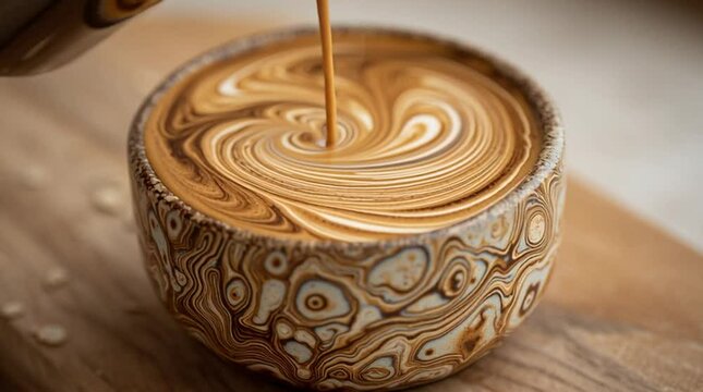 A slow pour of oat milk into a ceramic cup of coffee, swirls forming creamy patterns