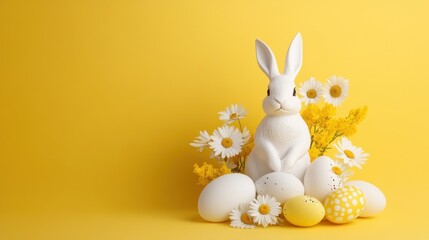 Festive easter arrangement with bunny and eggs on yellow background