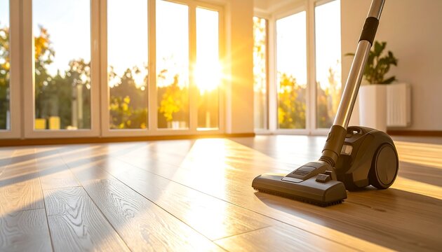 Modern home, vacuum cleaner on hardwood floor, sunlit view