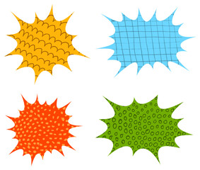 Set of four spiky comic-style bursts in bright colors with hand-drawn patterns.